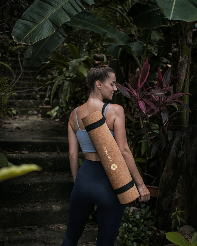 The soft natural surface of a cork yoga mat